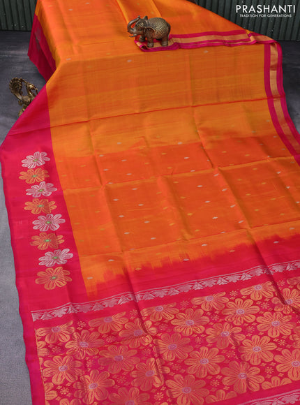 Pure uppada silk saree orange and pink with silver & gold zari woven buttas and zari woven floral butta border