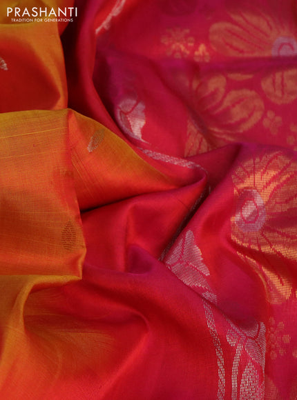 Pure uppada silk saree orange and pink with silver & gold zari woven buttas and zari woven floral butta border