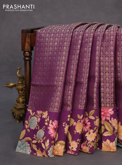 Banarasi silk saree purple with allover zari woven brocade weaves and floral digital printed border