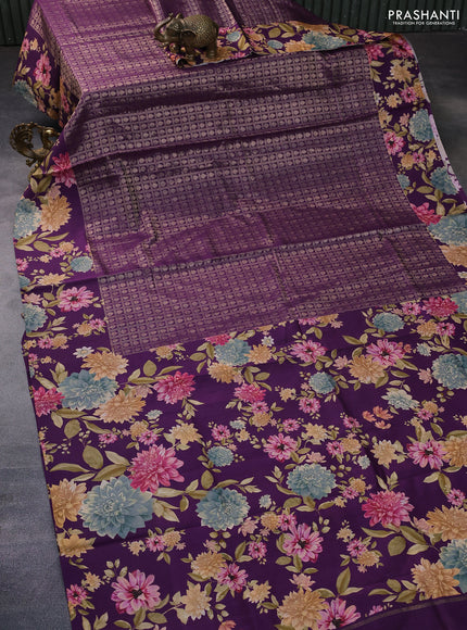 Banarasi silk saree purple with allover zari woven brocade weaves and floral digital printed border