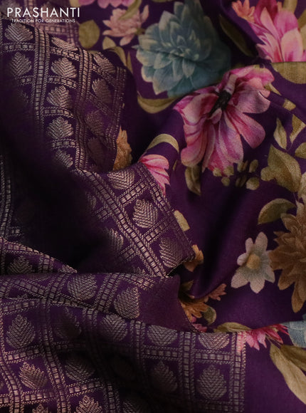 Banarasi silk saree purple with allover zari woven brocade weaves and floral digital printed border