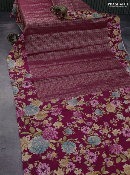 Banarasi silk saree maroon with allover zari woven brocade weaves and floral digital printed border