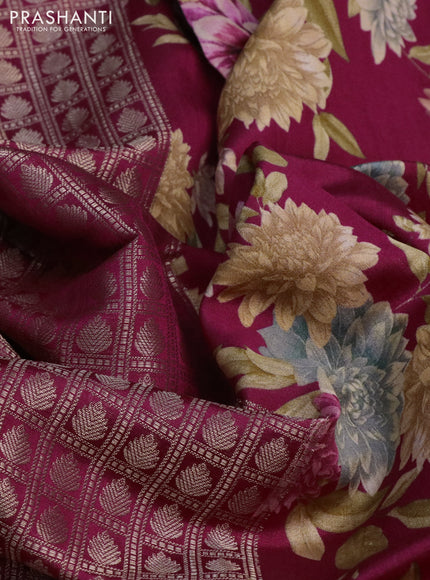 Banarasi silk saree maroon with allover zari woven brocade weaves and floral digital printed border