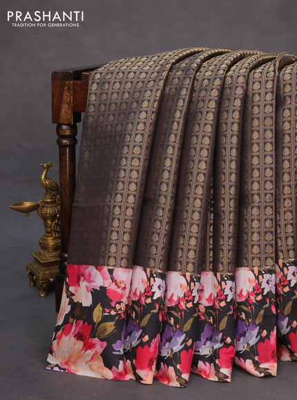 Banarasi silk saree black with allover zari woven brocade weaves and floral digital printed border