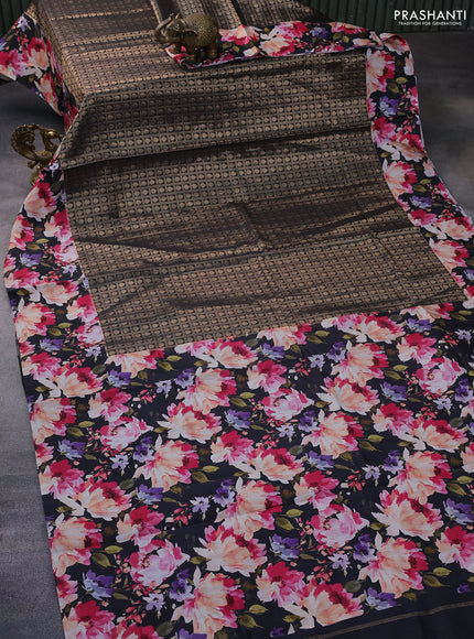 Banarasi silk saree black with allover zari woven brocade weaves and floral digital printed border
