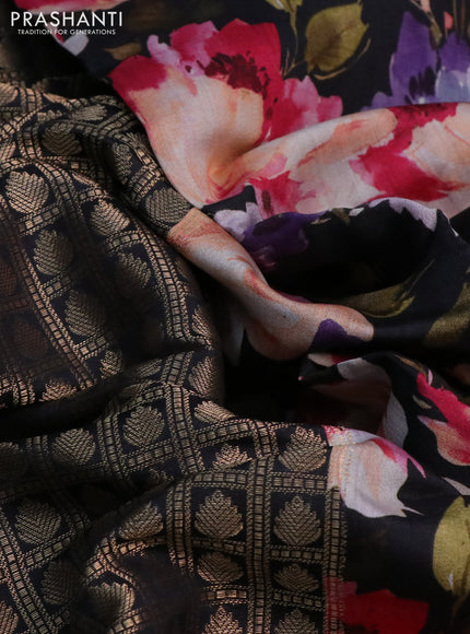Banarasi silk saree black with allover zari woven brocade weaves and floral digital printed border