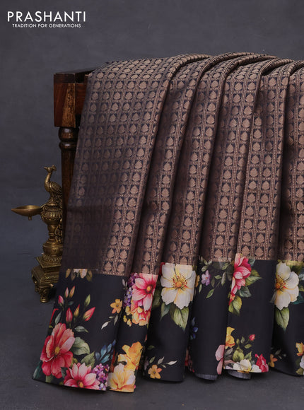 Banarasi silk saree black with allover zari woven brocade weaves and floral digital printed border