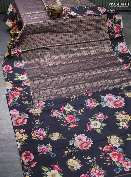 Banarasi silk saree black with allover zari woven brocade weaves and floral digital printed border