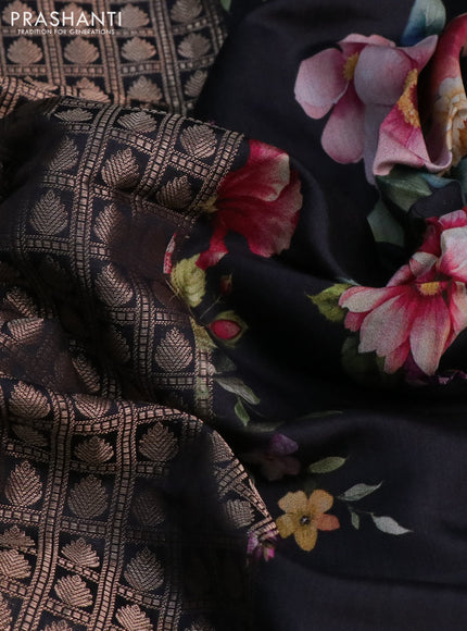 Banarasi silk saree black with allover zari woven brocade weaves and floral digital printed border