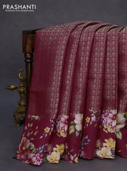 Banarasi silk saree dark pink with allover zari woven brocade weaves and floral digital printed border