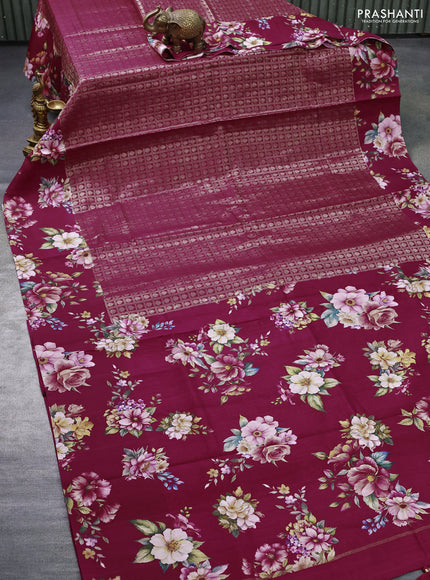 Banarasi silk saree dark pink with allover zari woven brocade weaves and floral digital printed border