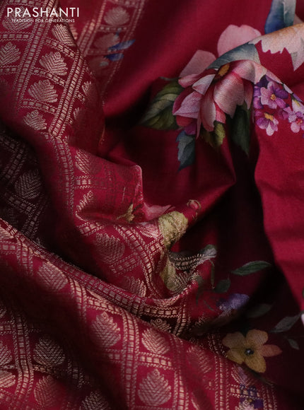 Banarasi silk saree dark pink with allover zari woven brocade weaves and floral digital printed border