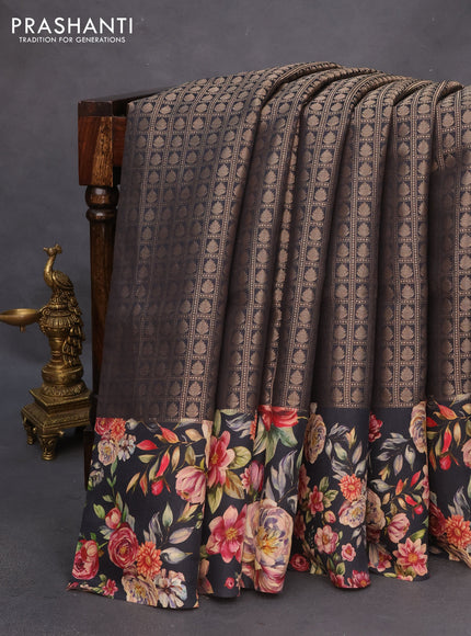 Banarasi silk saree black with allover zari woven brocade weaves and floral digital printed border