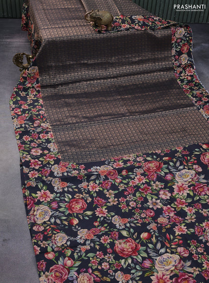 Banarasi silk saree black with allover zari woven brocade weaves and floral digital printed border