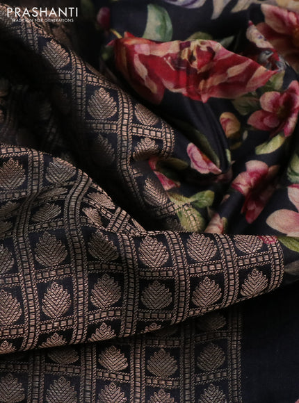 Banarasi silk saree black with allover zari woven brocade weaves and floral digital printed border