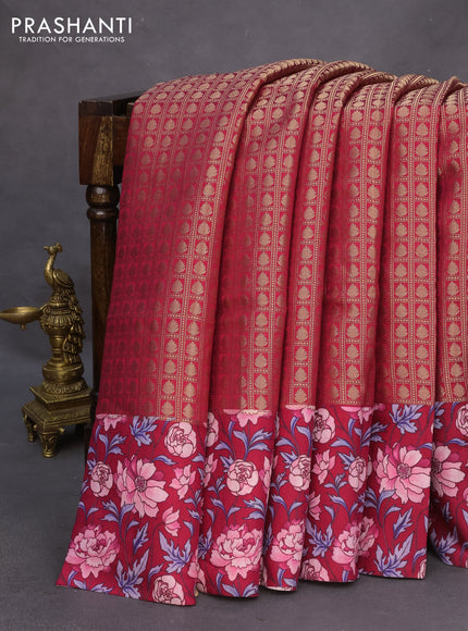 Banarasi silk saree maroon with allover zari woven brocade weaves and floral digital printed border