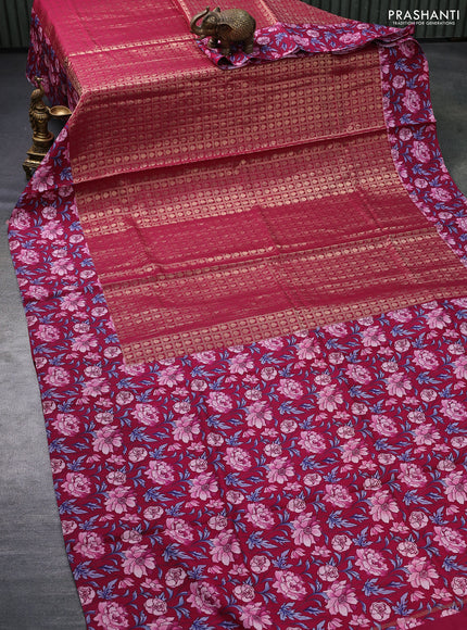 Banarasi silk saree maroon with allover zari woven brocade weaves and floral digital printed border