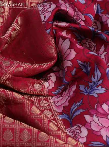 Banarasi silk saree maroon with allover zari woven brocade weaves and floral digital printed border