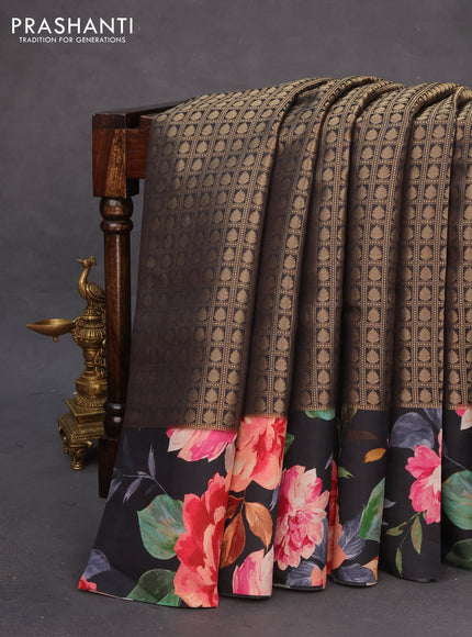 Banarasi silk saree black with allover zari woven brocade weaves and floral digital printed border