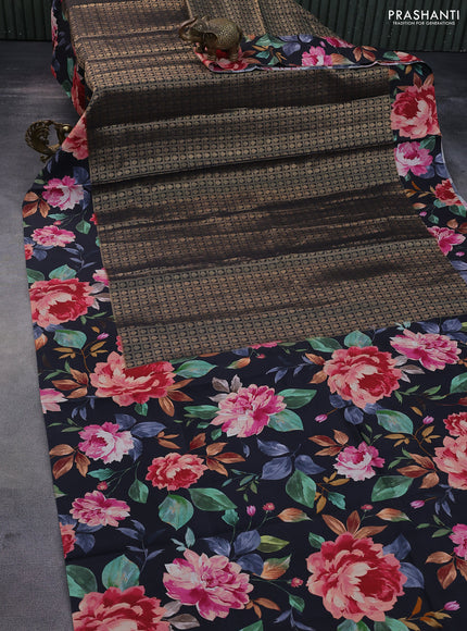 Banarasi silk saree black with allover zari woven brocade weaves and floral digital printed border