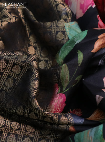 Banarasi silk saree black with allover zari woven brocade weaves and floral digital printed border