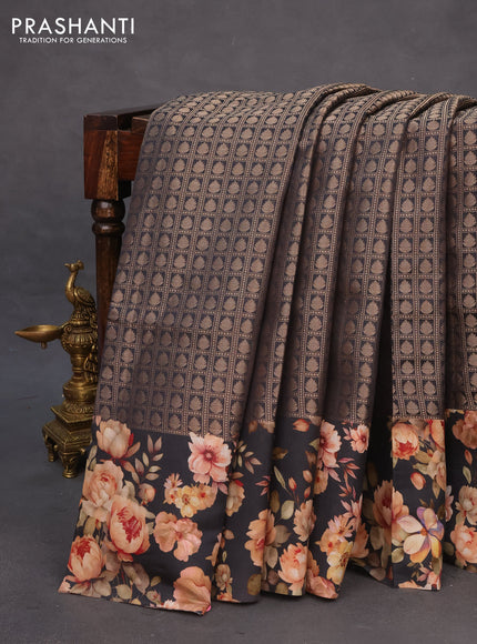 Banarasi silk saree black with allover zari woven brocade weaves and floral digital printed border