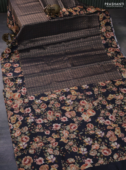 Banarasi silk saree black with allover zari woven brocade weaves and floral digital printed border