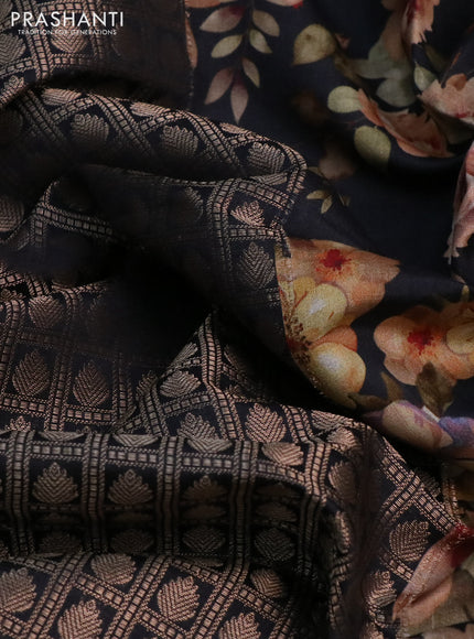 Banarasi silk saree black with allover zari woven brocade weaves and floral digital printed border