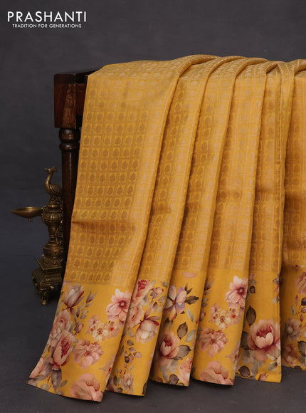 Banarasi silk saree mustard yellow with allover zari woven brocade weaves and floral digital printed border