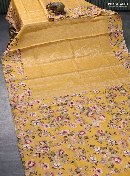 Banarasi silk saree mustard yellow with allover zari woven brocade weaves and floral digital printed border