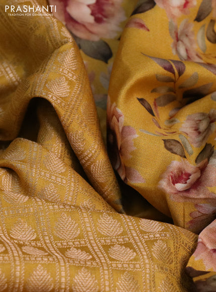 Banarasi silk saree mustard yellow with allover zari woven brocade weaves and floral digital printed border