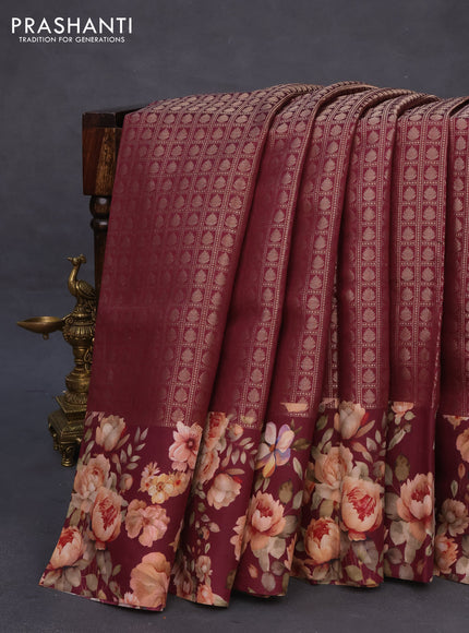 Banarasi silk saree wine shade with allover zari woven brocade weaves and floral digital printed border