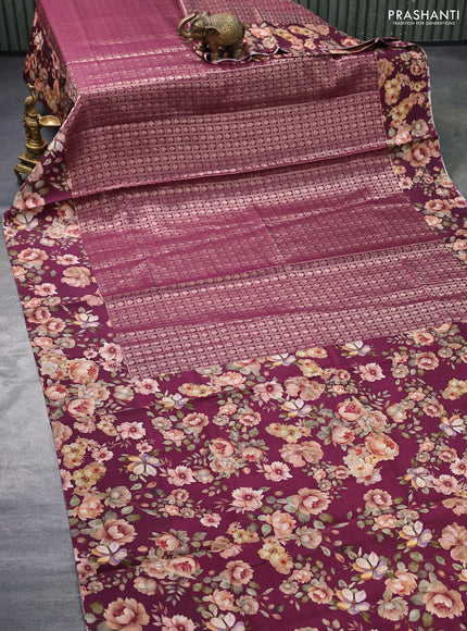 Banarasi silk saree wine shade with allover zari woven brocade weaves and floral digital printed border