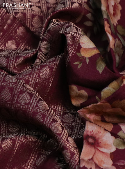 Banarasi silk saree wine shade with allover zari woven brocade weaves and floral digital printed border