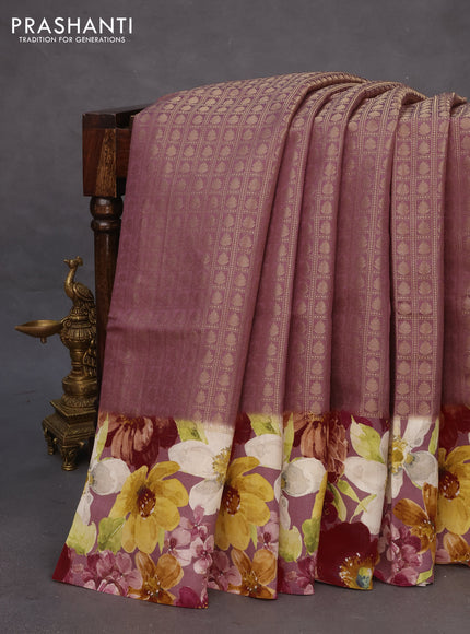 Banarasi silk saree mild purple shade with allover zari woven brocade weaves and floral digital printed border