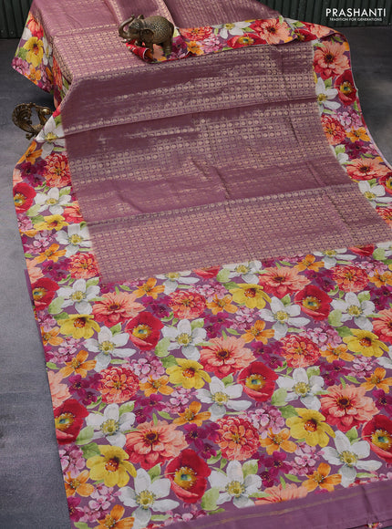 Banarasi silk saree mild purple shade with allover zari woven brocade weaves and floral digital printed border