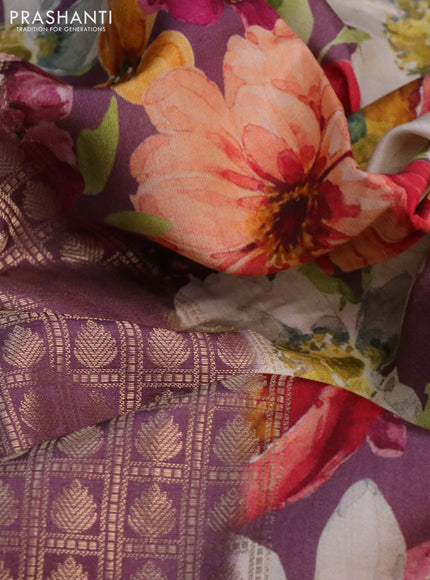 Banarasi silk saree mild purple shade with allover zari woven brocade weaves and floral digital printed border