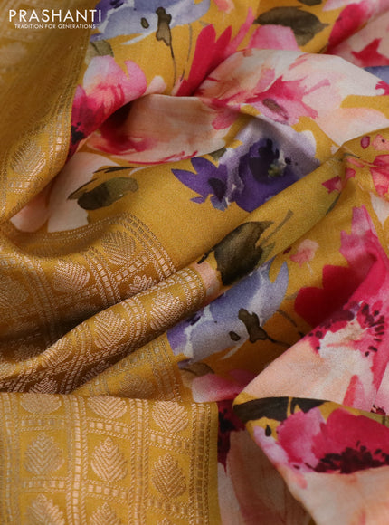 Banarasi silk saree mustard yellow with allover zari woven brocade weaves and floral digital printed border