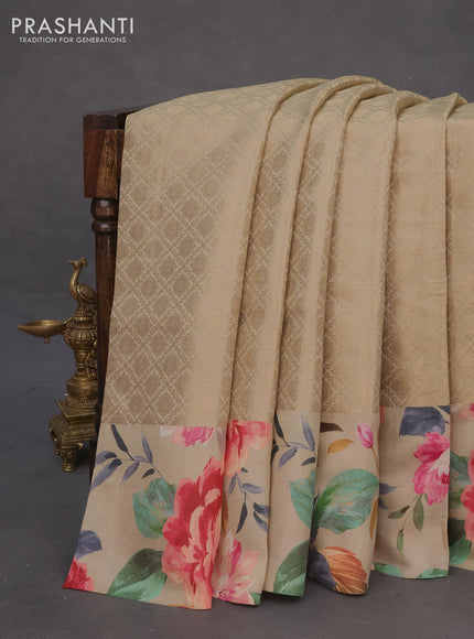 Banarasi silk saree dark sandal with allover zari woven brocade weaves and floral digital printed border