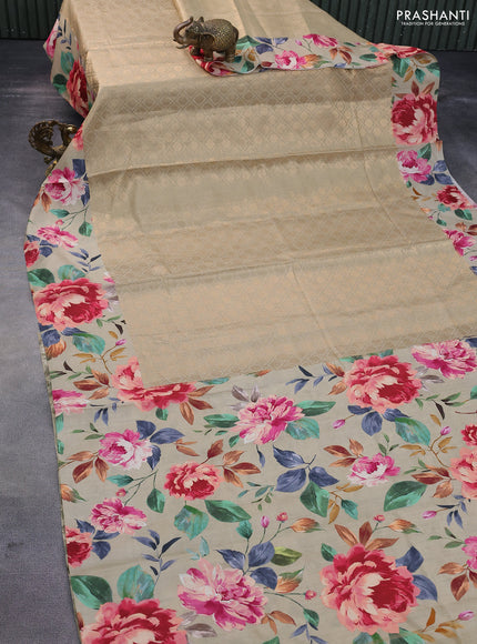 Banarasi silk saree dark sandal with allover zari woven brocade weaves and floral digital printed border