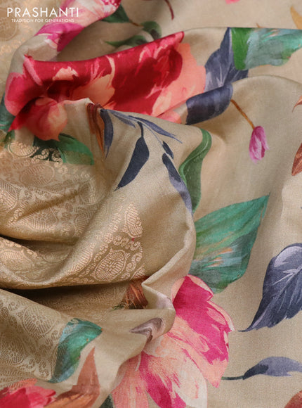 Banarasi silk saree dark sandal with allover zari woven brocade weaves and floral digital printed border