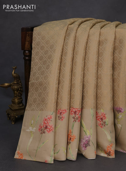 Banarasi silk saree dark sandal with allover zari woven brocade weaves and floral digital printed border