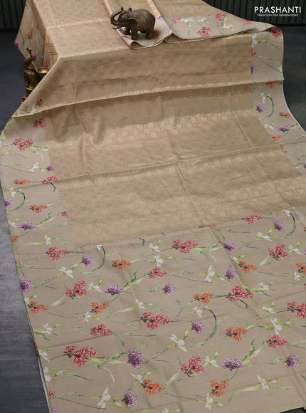 Banarasi silk saree dark sandal with allover zari woven brocade weaves and floral digital printed border