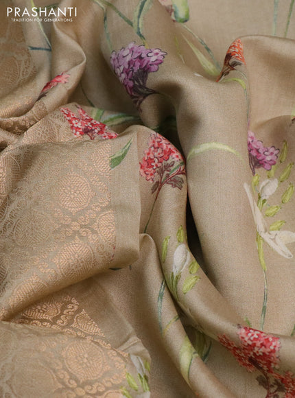 Banarasi silk saree dark sandal with allover zari woven brocade weaves and floral digital printed border