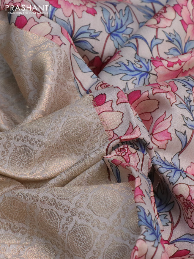 Banarasi silk saree cream with allover zari woven brocade weaves and floral digital printed border