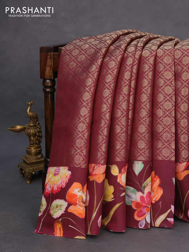 Banarasi silk saree deep maroon with allover zari woven brocade weaves and floral digital printed border