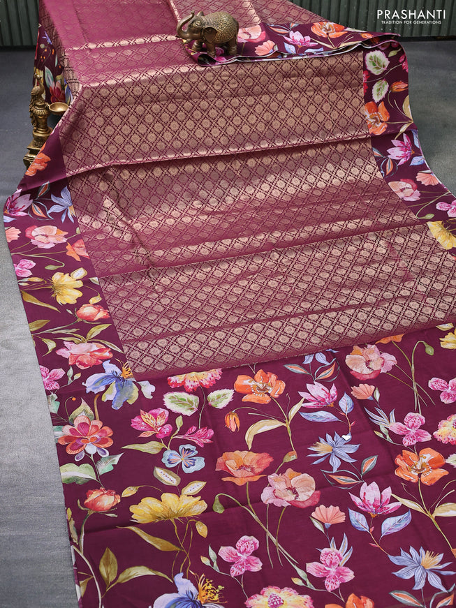 Banarasi silk saree deep maroon with allover zari woven brocade weaves and floral digital printed border