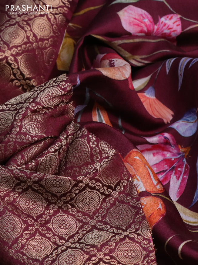 Banarasi silk saree deep maroon with allover zari woven brocade weaves and floral digital printed border