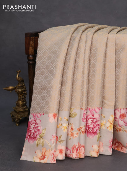 Banarasi silk saree pastel grey with allover zari woven brocade weaves and floral digital printed border
