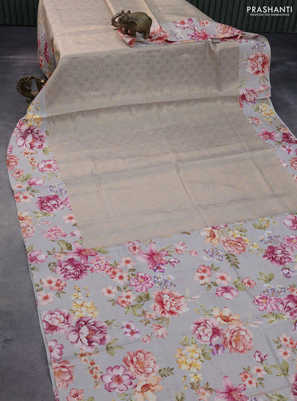 Banarasi silk saree pastel grey with allover zari woven brocade weaves and floral digital printed border